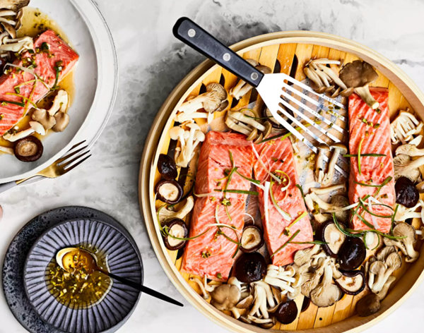 Shaoxing-steamed steelhead trout and mushrooms