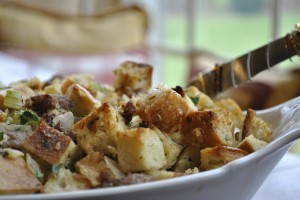 Sharon’s favorite sausage and bread stuffing with golden raisins
