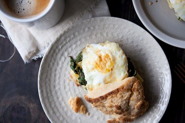 Sharp cheddar and mustardy greens breakfast sandwich