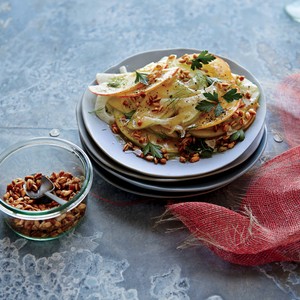 Shaved apple and fennel salad with crunchy spelt