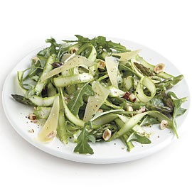 Shaved asparagus salad with aged Gouda and hazelnuts