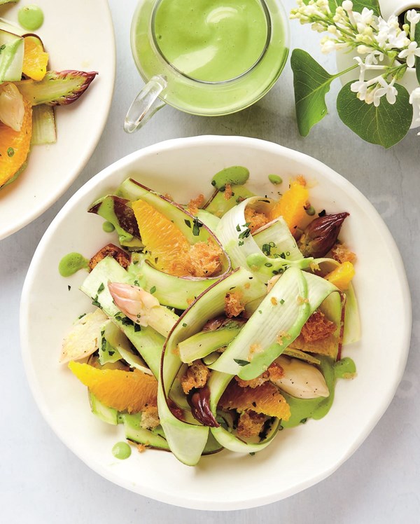 Shaved asparagus salad with asparagus buttermilk dressing and pickled asparagus tips