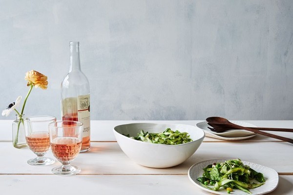 Shaved asparagus salad with feta and peas