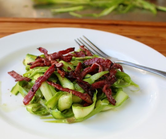 Shaved asparagus salad with fried pastrami and mustard dressing