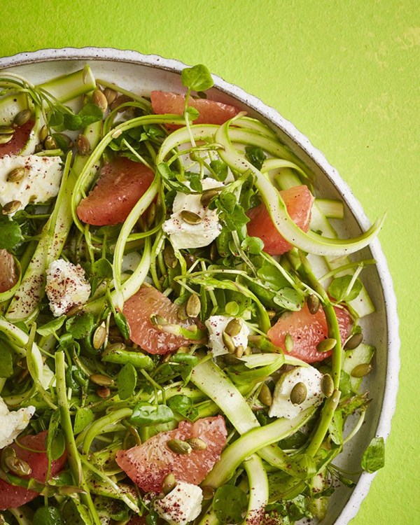 Shaved asparagus salad with goat’s cheese, watercress and grapefruit 