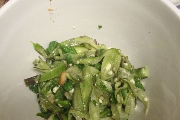 Shaved asparagus salad with peas, mint, and feta