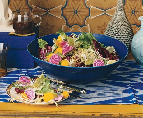 Shaved beet and bitter greens salad with garlic balsamic vinaigrette