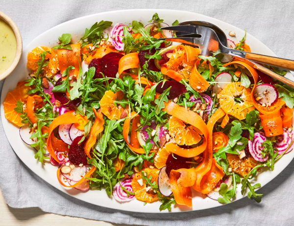 Shaved beet and carrot salad with citrus-scallion dressing