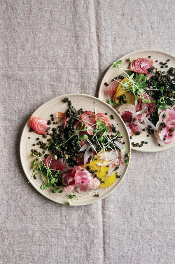 Shaved beet and lentil salad with tahini and preserved lemon dressing