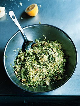 Shaved Brussels sprout salad with fresh walnuts and pecorino