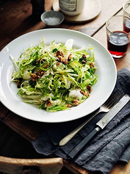 Shaved Brussels sprouts, walnuts and Gorgonzola cremificato salad