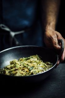 Shaved Brussels sprouts with poppy seeds, black mustard, and coconut oil