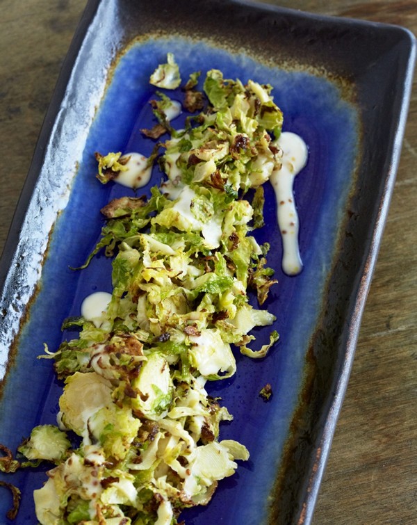 Shaved Brussels sprouts with whole-grain mustard sauce