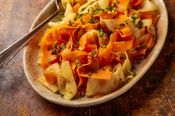 Shaved carrot and parsnip salad with gingery hazelnuts