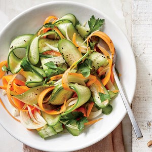 Shaved carrot, cucumber, and sweet onion salad
