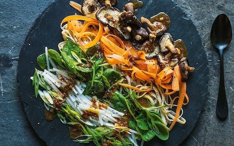Shaved carrot, shitake, spinach and noodle salad