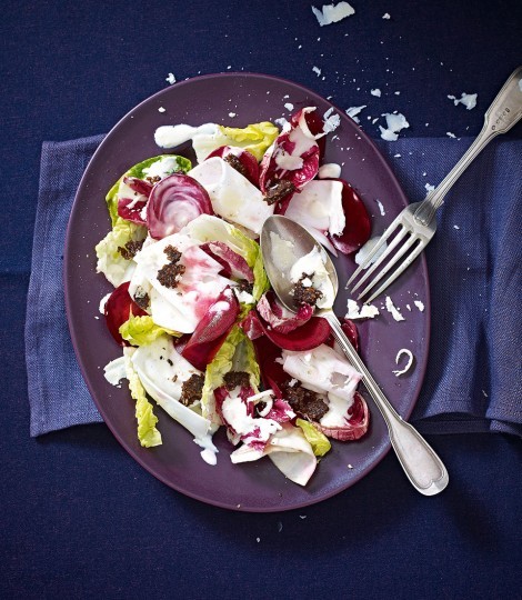 Shaved celeriac and beetroot Caesar salad