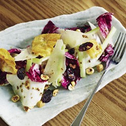 Shaved celeriac with grapes, endive and hazelnut vinaigrette