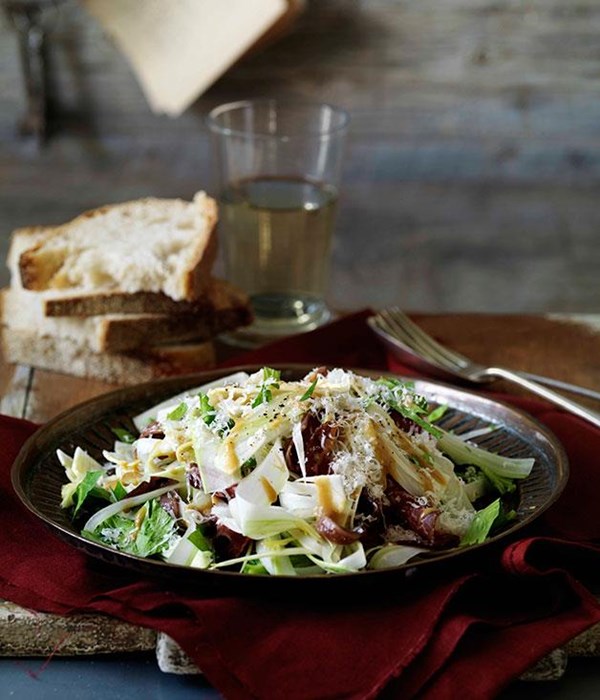 Shaved celery heart, anchovy and bresaola salad with mustard dressing
