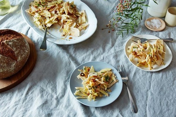 Shaved fennel and apple salad with sultanas, mint, and almonds