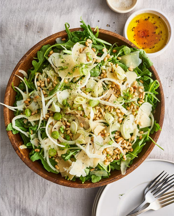 Shaved fennel and arugula salad with Parmesan and pine nuts