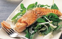 Shaved fennel, lemon, and arugula salad, with pan-seared salmon
