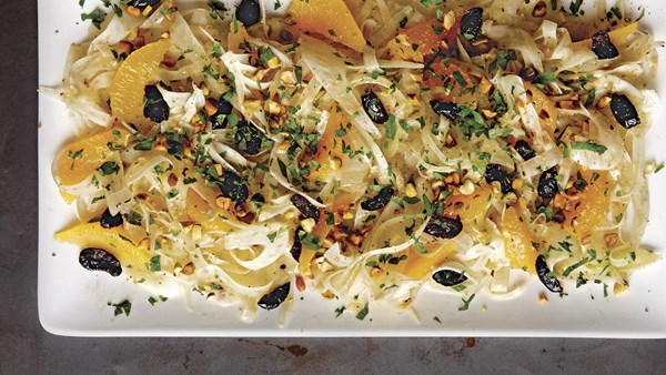 Shaved fennel salad with oranges, black olives, and pistachios