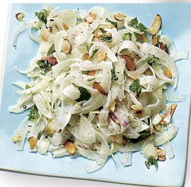 Shaved fennel salad with toasted almonds, lemon, and mint