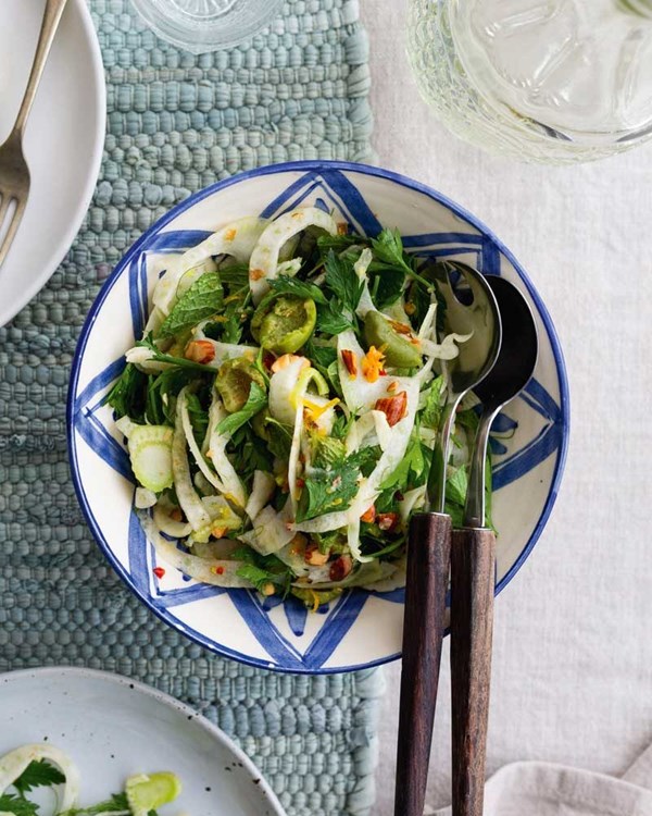 Shaved fennel, toasted almond & green olive salad with cumin dressing