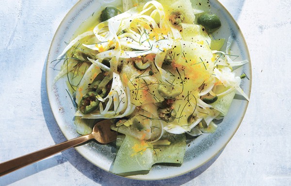 Shaved honeydew, fennel, and olive salad
