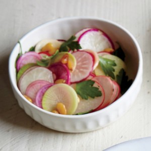 Shaved radish and pine nut salad