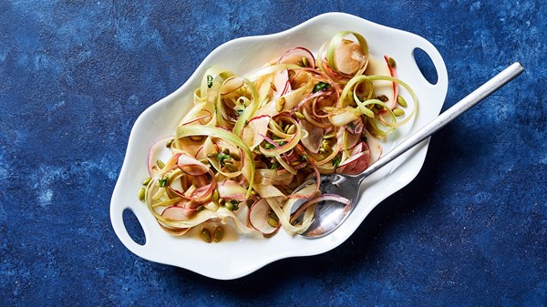 Shaved rhubarb and radish salad with apple cider vinaigrette