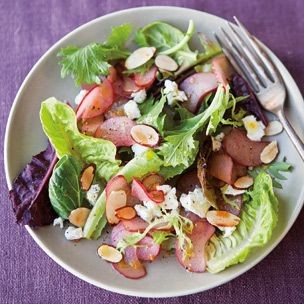 Shaved rhubarb salad with almonds & cheese