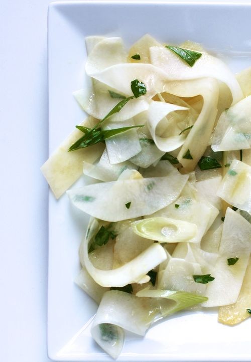 Shaved rutabaga and turnip salad with scallions