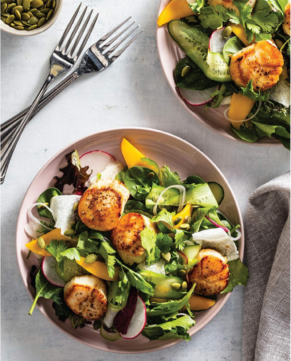 Shaved salad with pan-seared scallops