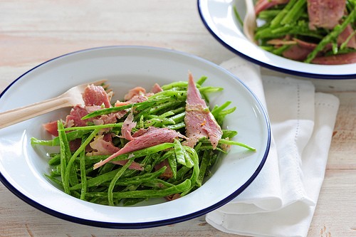 Shaved snow pea and ham salad