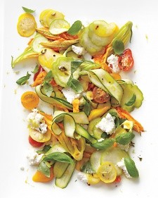 Shaved-squash salad with tomatoes, zucchini blossoms, ricotta, and thyme oil