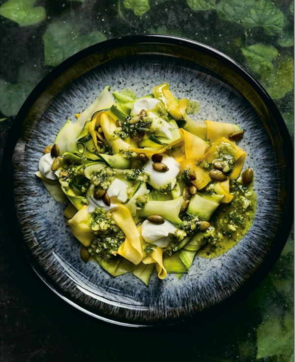 Shaved summer squash salad with pesto and pepitas