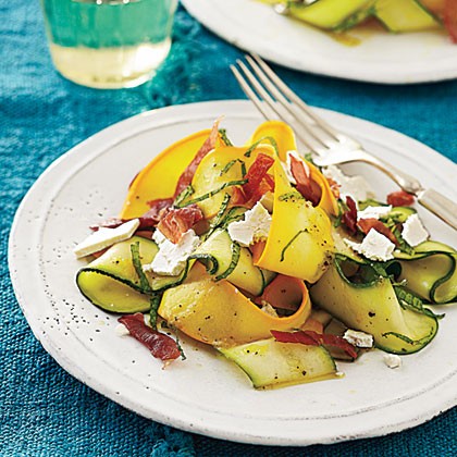 Shaved summer squash salad with prosciutto crisps