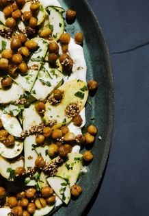 Shaved summer squash w/greek yogurt, fried chickpeas + za’atar oil