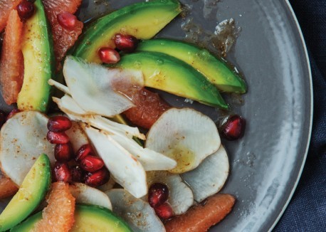 Shaved sunchokes with pink grapefruit and avocado