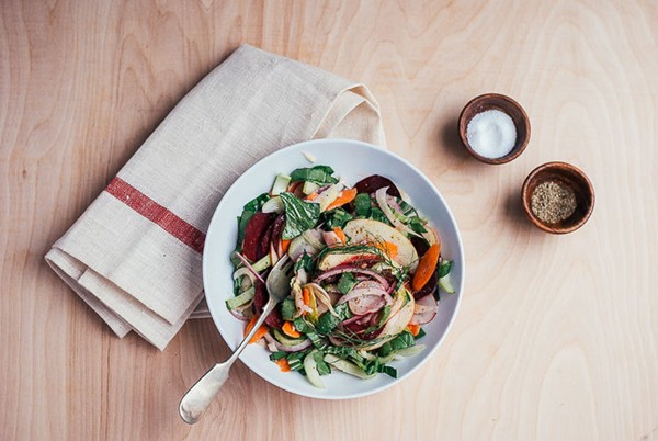 Shaved vegetable salad with apples and lemony tahini dressing