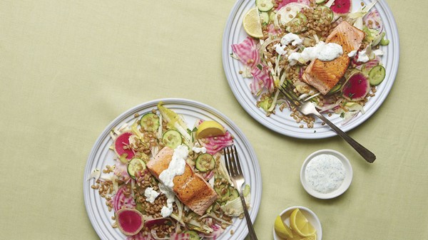 Shaved vegetable salad with brown-butter barley and seared salmon