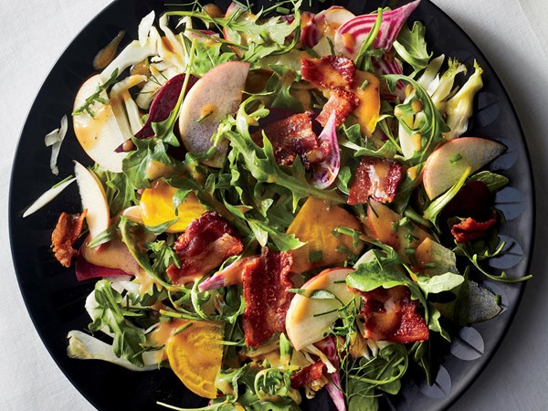 Shaved vegetable salad with warm bacon vinaigrette