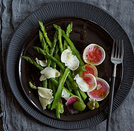 Shaved watermelon radish and asparagus salad with Castelvetrano olives and Gouda