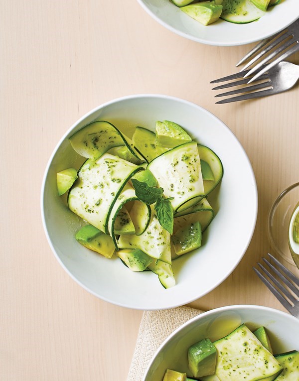 Shaved zucchini and avocado salad with green goddess dressing