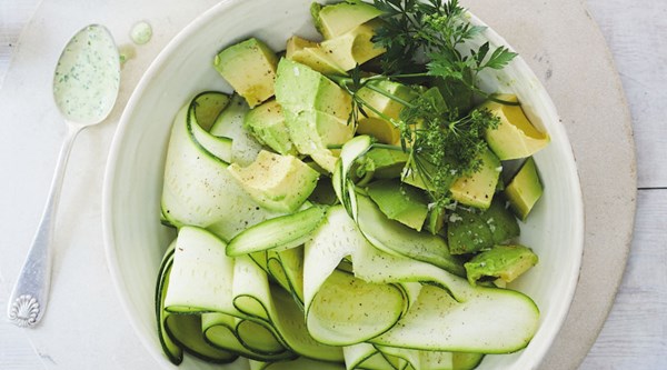 Shaved zucchini and avocado salad with green goddess dressing