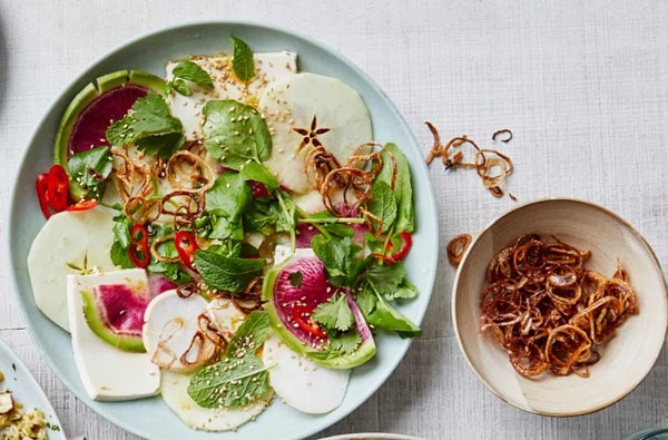 Shaven turnips with silken tofu, chilli, sesame and soy