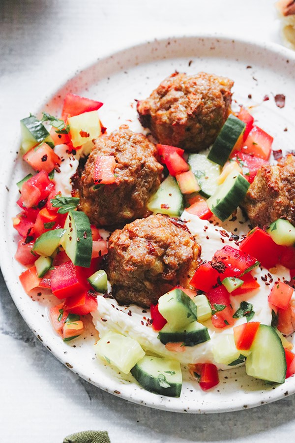 Shawarma Beyond Beef meatball pita bowls with tomato-cucumber salsa and creamy tahini sauce