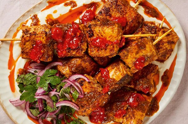 Shawarma salmon skewers with tahini yogurt